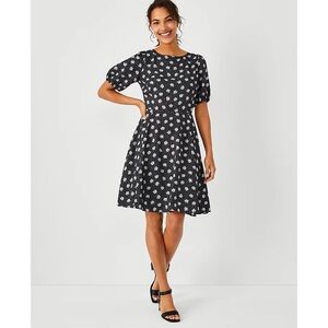 Ann Taylor Petite Floral Dot Flare Dress Tie Back Puff Sleeves